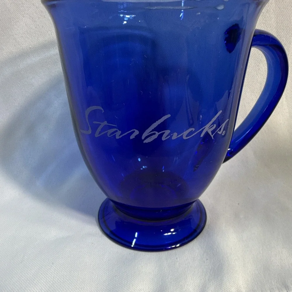 Starbucks Blue Glass Mug Cup with Handle, Script Logo - Coffee & Tea Theme